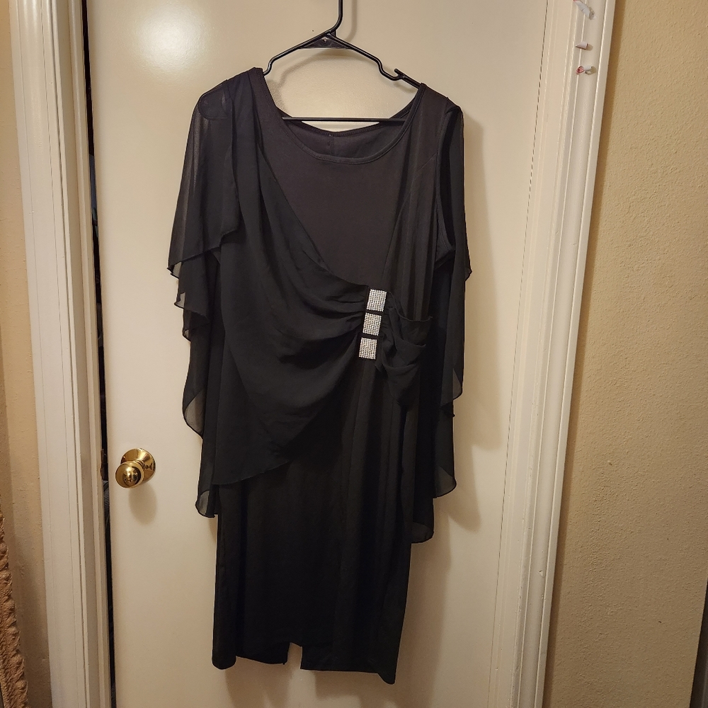 Hanna Nikole Chiffon Ruffle Flattering Cape Sleeve Bodycon Pencil Dress Size XL